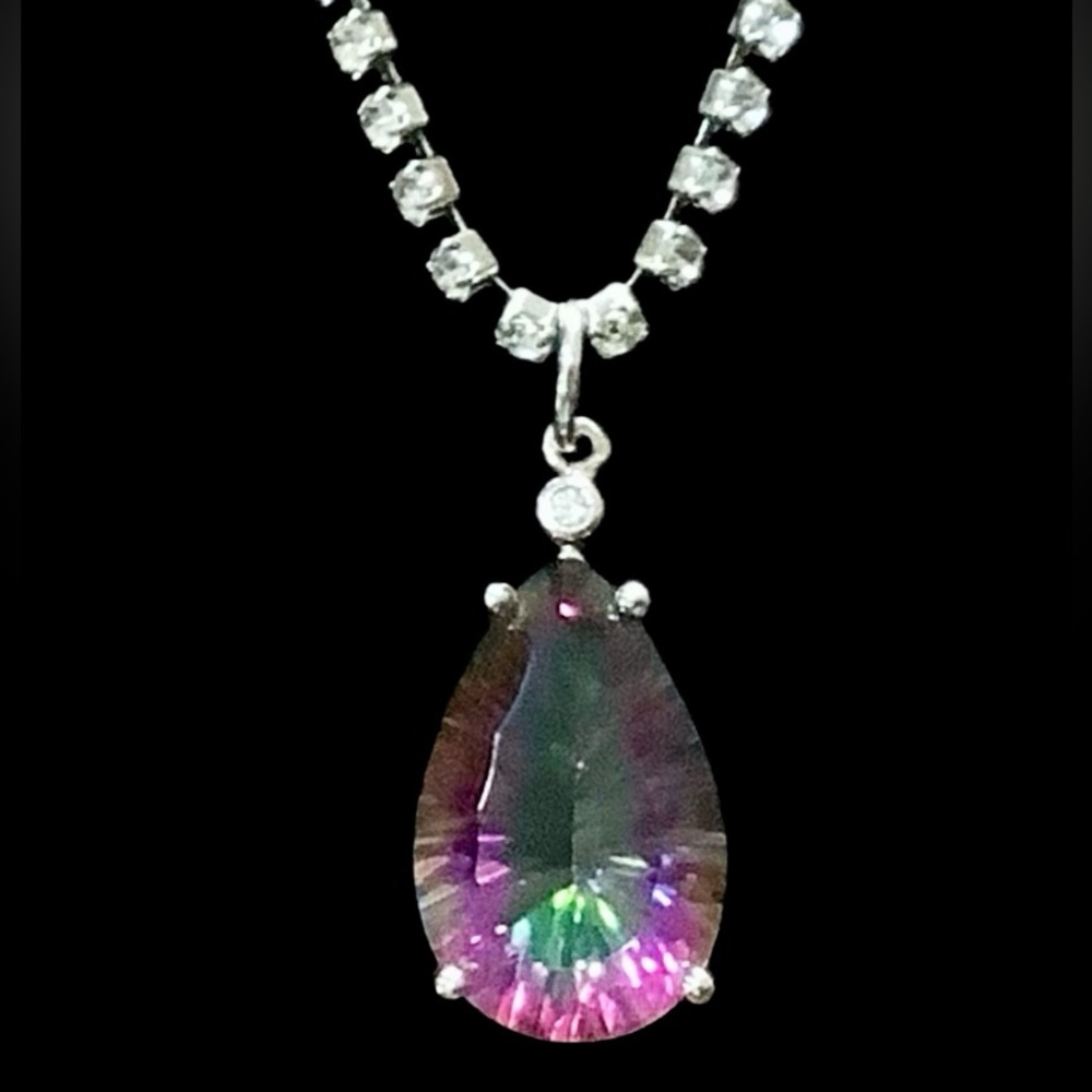 Elegant Silver Crystal Necklace With Mystic Topaz Teardrop Pendant. NWT